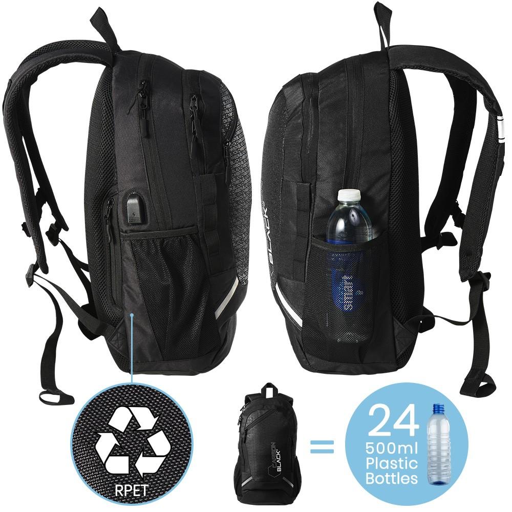 CarbonBlack Water Resistant Sports Backpack made from Recycled Plastic Bottles - Cabin Max